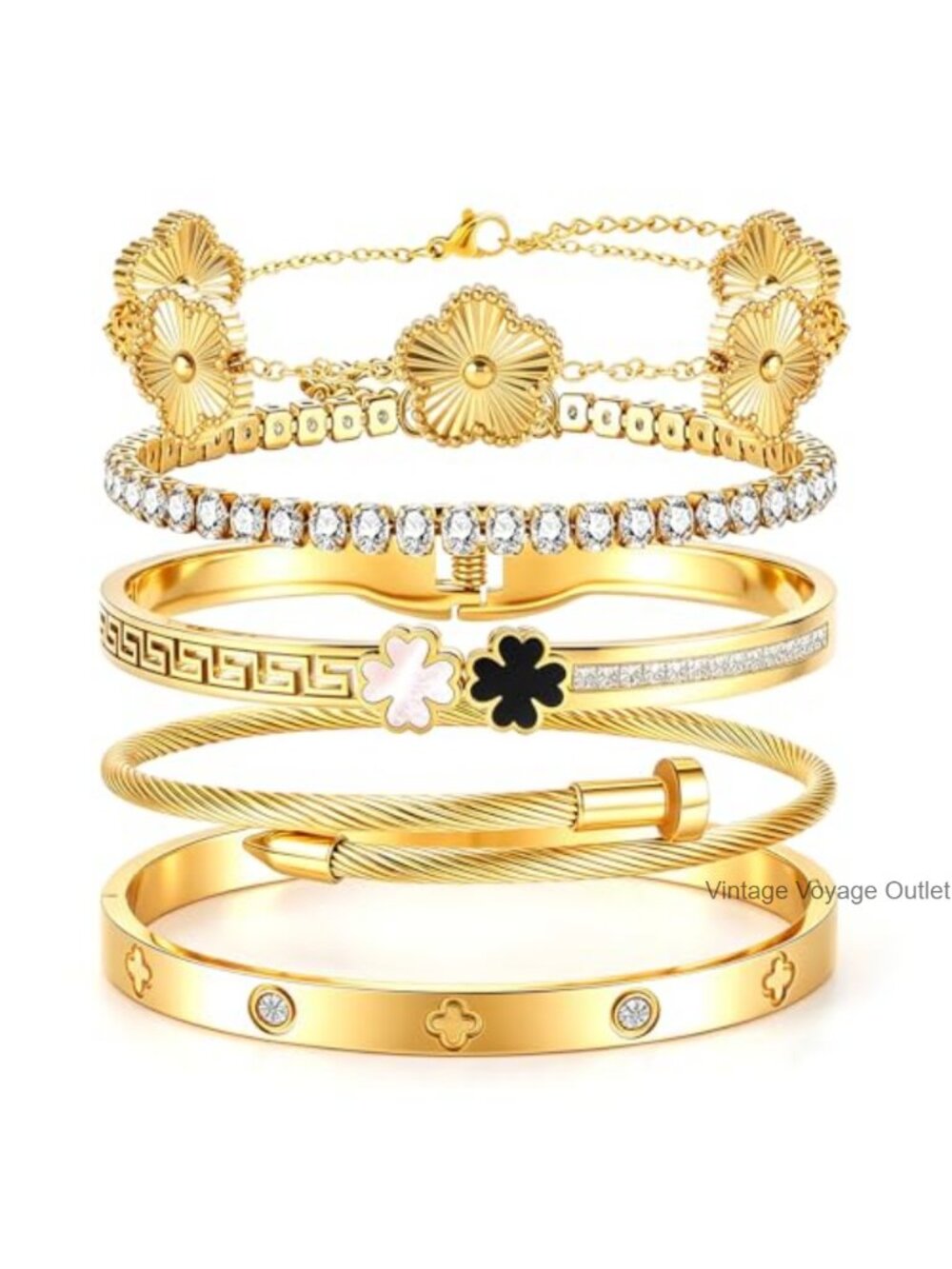 Stainless Steel Bangle Bracelets Stackable Set with Clover Charm